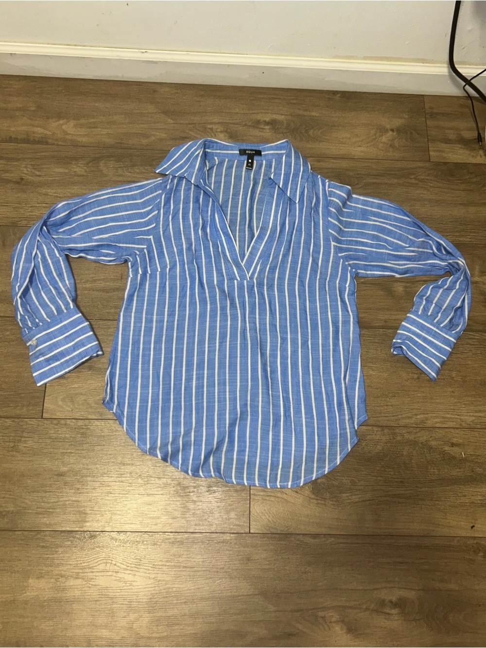 Aqua Blue and White Striped V-Neck Tunic